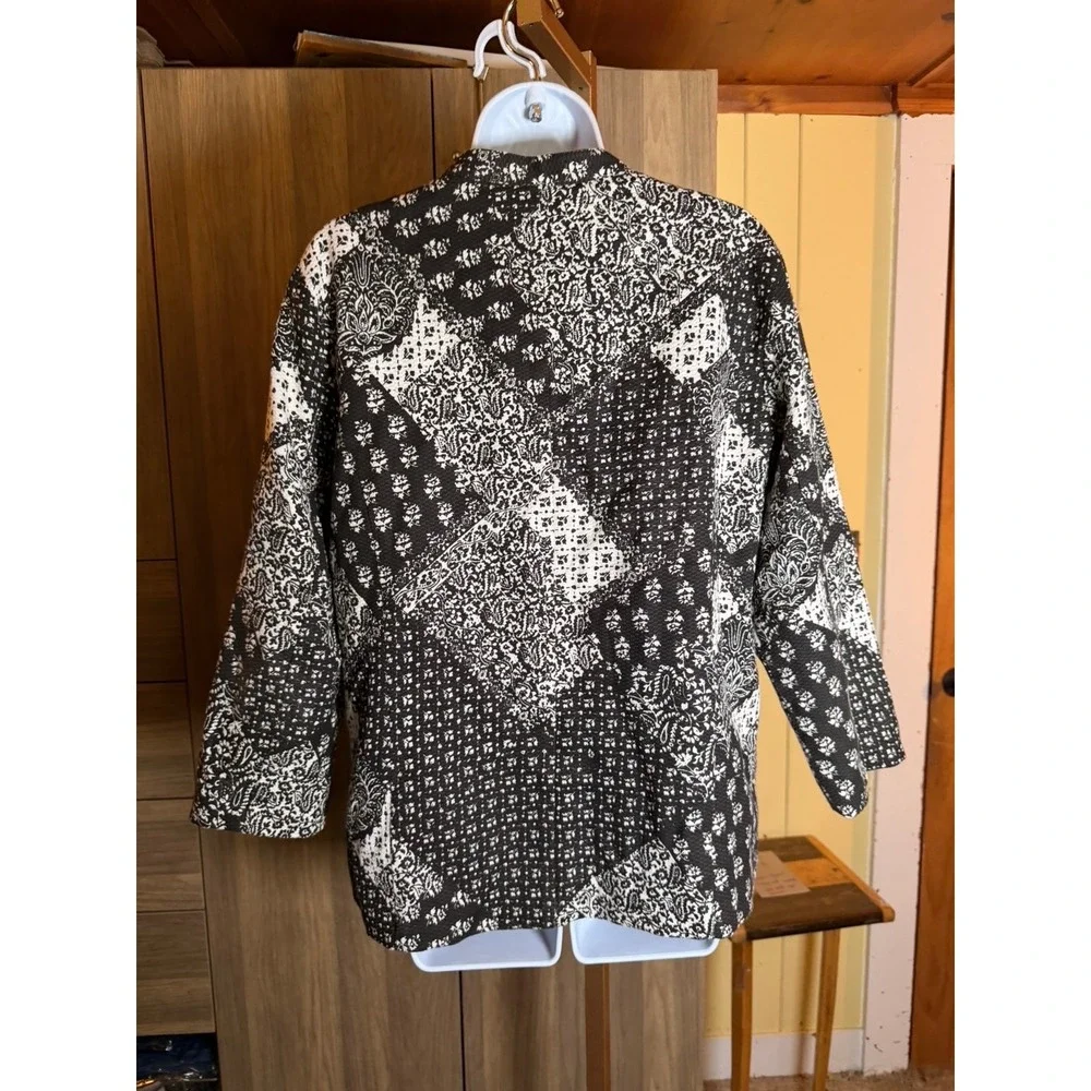 424. Artisan Inspired Boho Patchwork Quilted Jacket Teal Trim Cotton Large